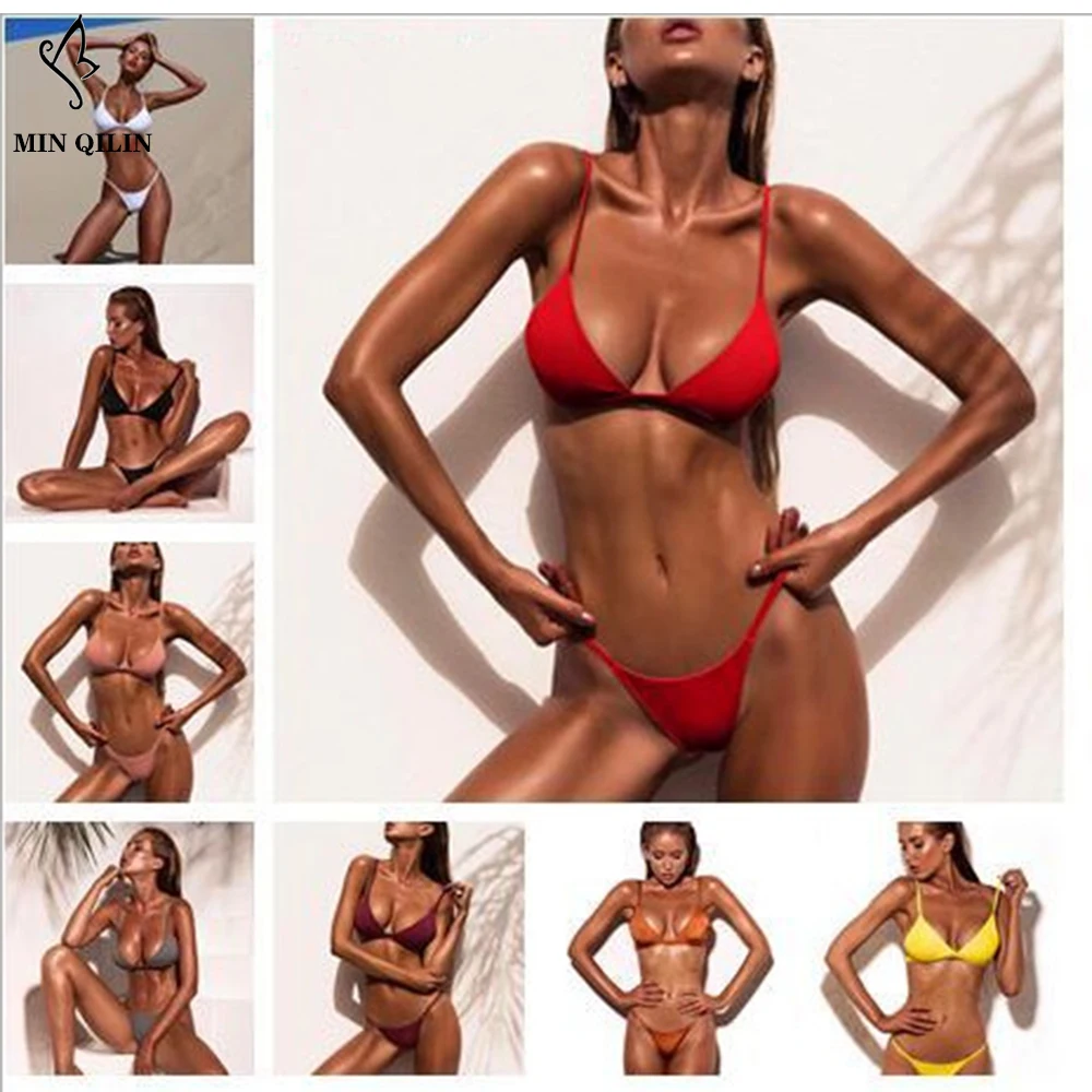 

Women Sexy Solid Bikini Set Low Waist Brazilian Bathing Suit Swimwear Summer Swimsuit Female Yellow Beach Wear Biquini(9 colors)