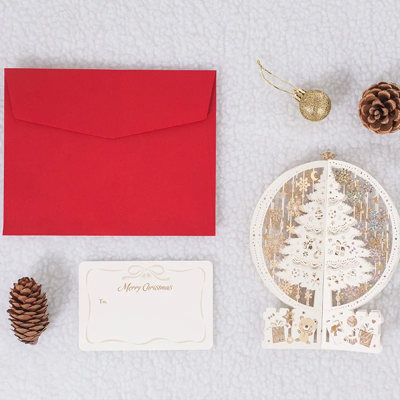 H& D(2 шт./партия) "Merry Christmas" 3D Pop Up лазерная резка карт Рождественская елка цвета слоновой кости 3d поздравительная открытка с конвертом