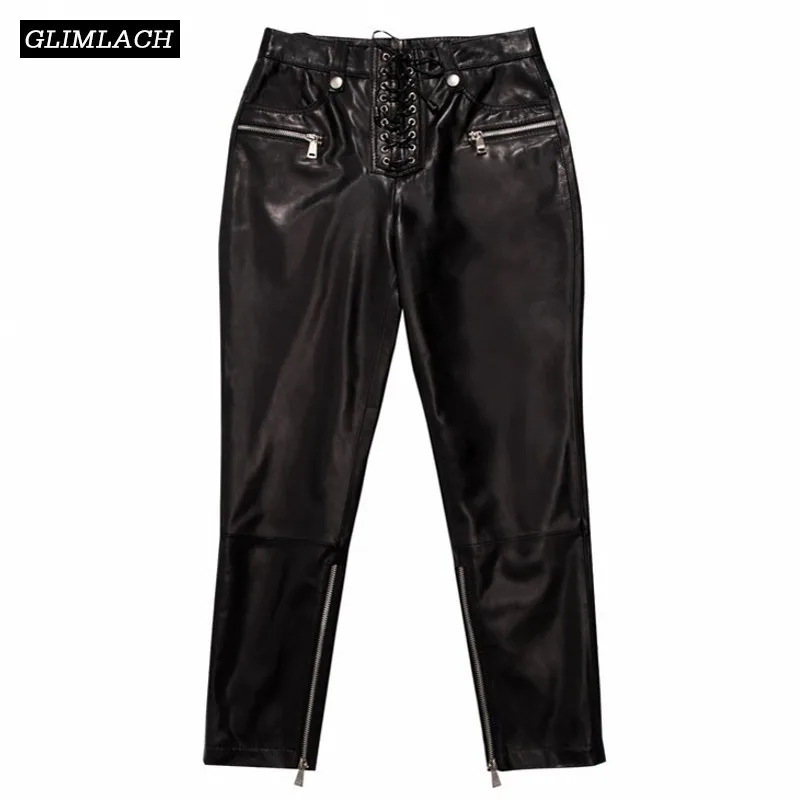 

Women Sheepskin Genuine Leather Pants Lady Real Leather Trousers Plus Size New Winter Fashion Sexy Lace Up Slim High Waist Pants