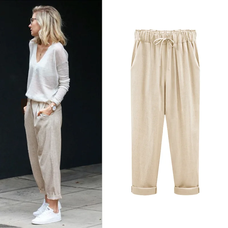 Cotton Linen Pants Ankle Length plus size Casual Women Loose Elastic Waist Pockets Summer spring Trousers 6XL 100kg Pants