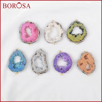 

BOROSA New and Fashion Rainbow Crystal Druzy Quartz Slice Connector Paved Zircons J234