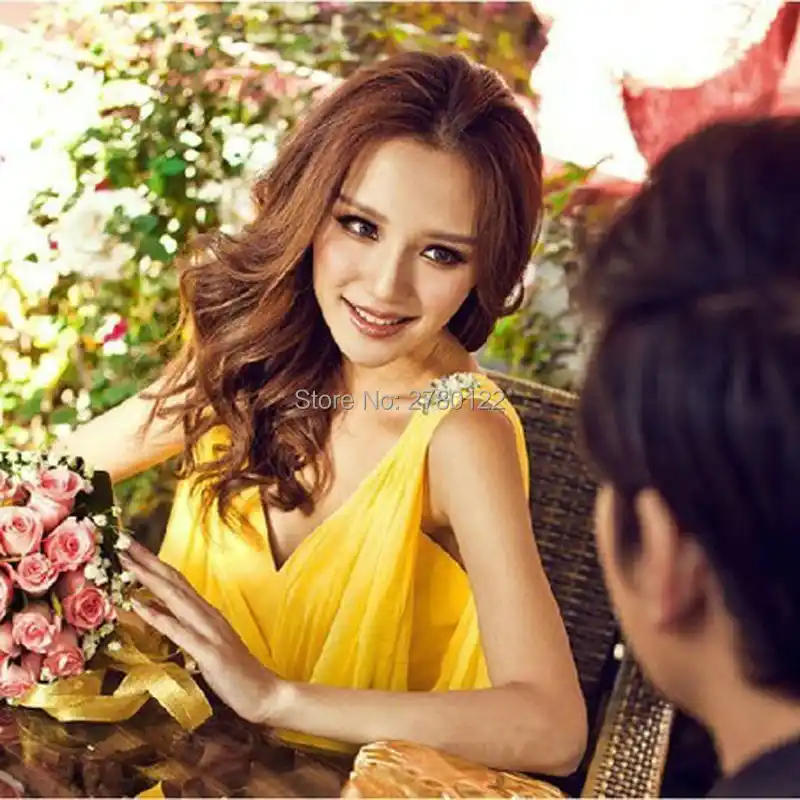 Crystal Beads Women Sexy Long Chiffon Yellow Formal Dinner Party Prom