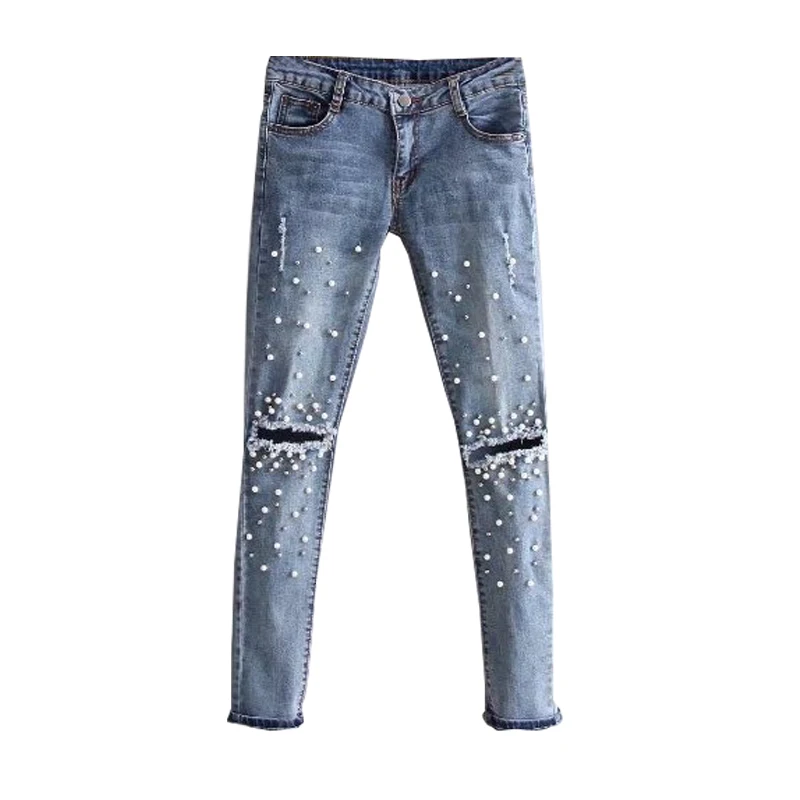 

2019 new spring autumn Knee hole Beading Pearl women jeans jeans women Stretch skinny denim pants casual Slim Fit Rivet jeans