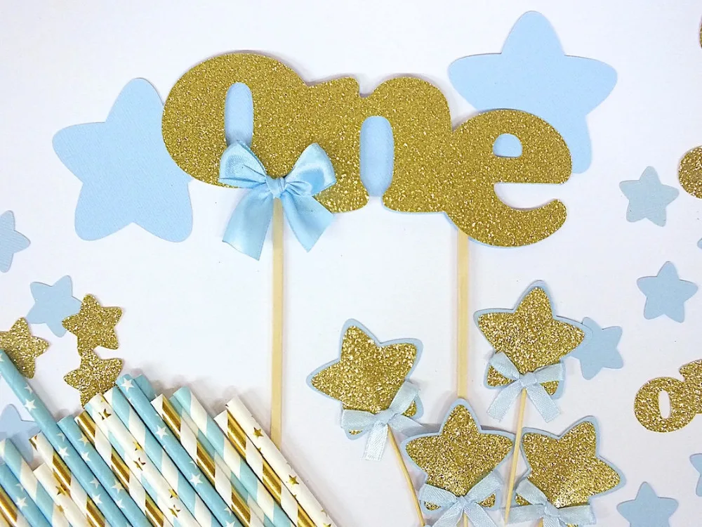 Twinkle Star Party High Chair Banner Baby Blue Gold Birthday Cake Topper Cupcake Toppers First Birthday Paper Straws Confetti