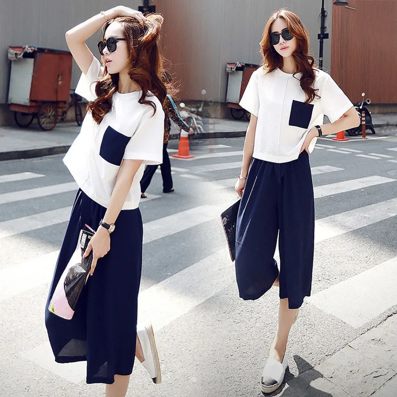 

Women Summer Casual Cotton Linen O-neck short sleeve tops + Mid-calf Pants two piece set Female Suit Set Women's Wide Leg Pants