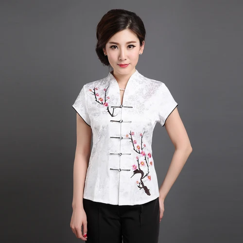 Женская блуза с коротким рукавом в китайском стиле для женщин среднего и старшего возраста, Женский костюм Cheongsam Tang, топы размера плюс 5XL - Цвет: White