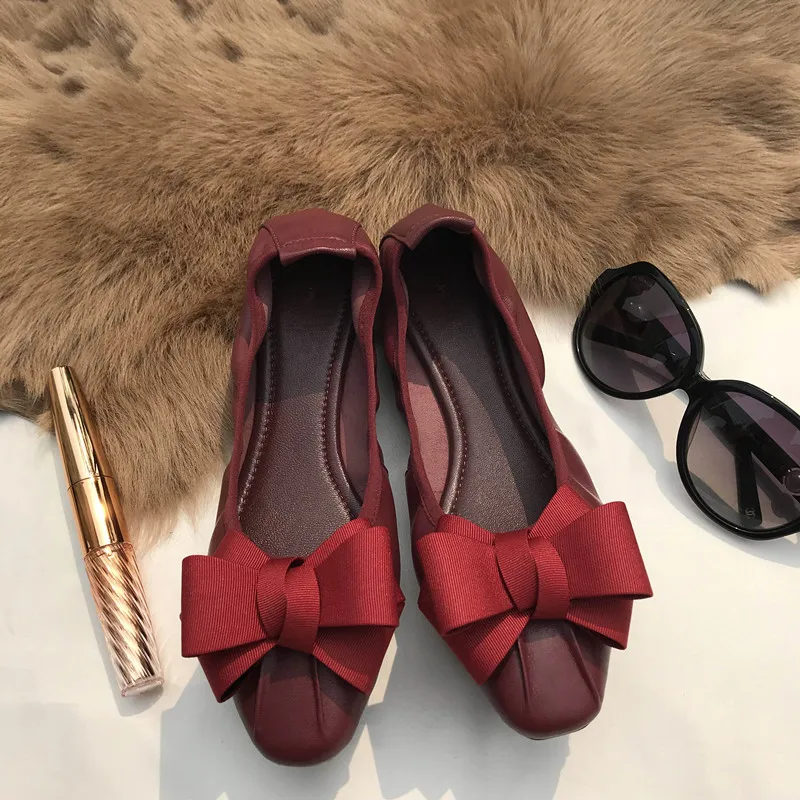 Plus Size 34-42 Sheepskin Women Ballet Flats Bowknots Driving Shoes Female 2018 Soft Casual Flat Heel Shoes Women's Single Shoes (43)