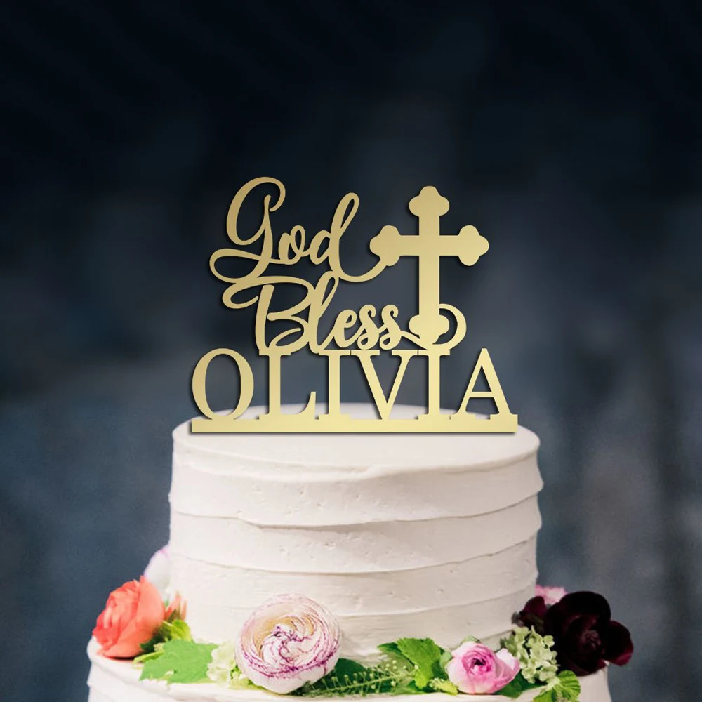 Custom name God Bless Cake Topper,color Acrylic Christening First Holy Communion Cake topper,Baby shower Baptism Decor