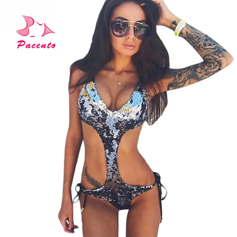 

Pacento 2018 Shiny Sequins Swimsuit One Piece Suits Bathing Suit Women Green Silver 2018 Monokini Plus Size Swimwear Plavky Damy
