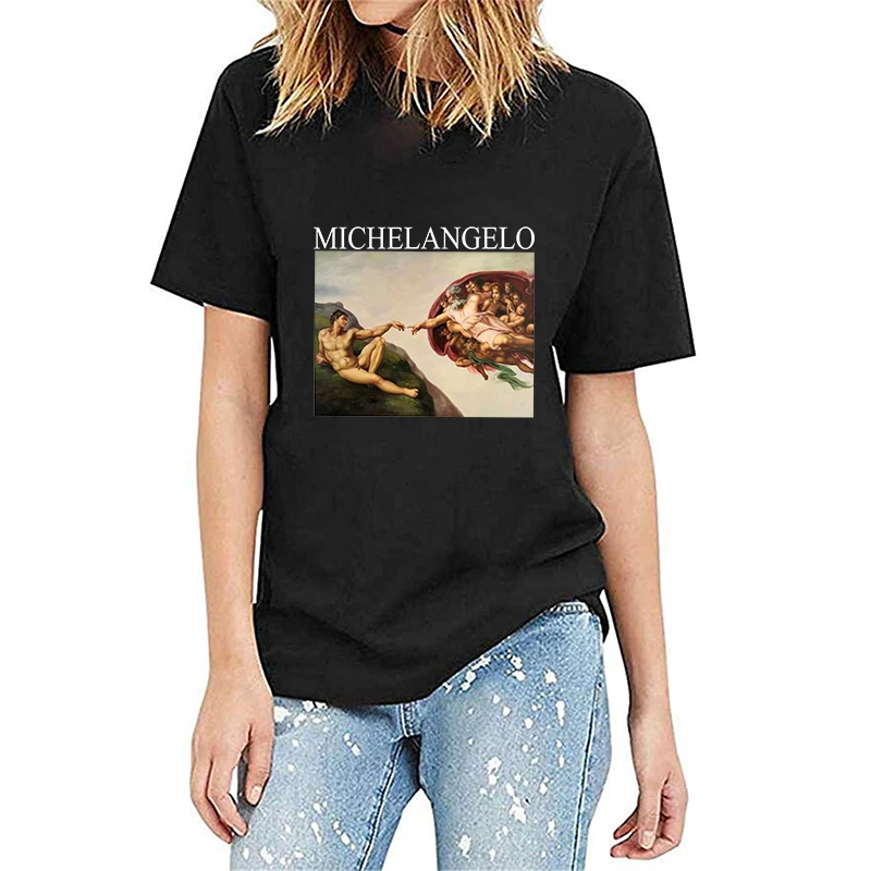 

Sunmmer 2019 Women Clothes Michelangelo Karl Graphic Women Shirts Harajuku Casual Top Soft O Neck Tee Shirt Chemise Femme