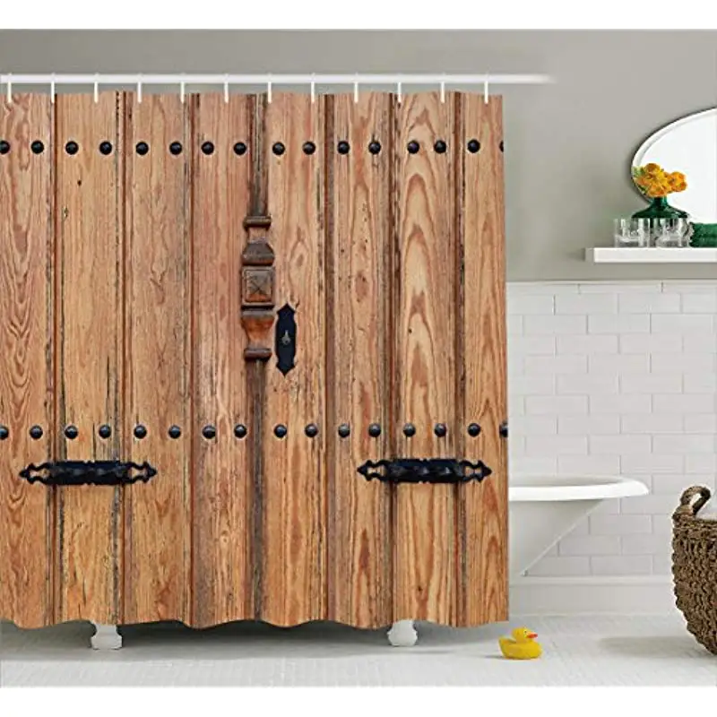 

Vixm Rustic Shower Curtain Wooden Door with Iron Style Padlock Gate Exit Enclosed Space of Building Picture Fabric Bath Curtains