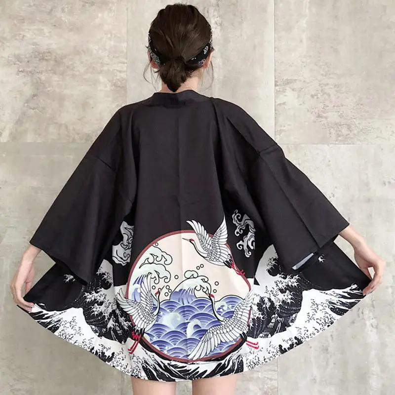Kimono Shirt Cardigan Fashion Women Men Beach Blouse Traditional Japanese Yukata Summer Loose Girl's Haori Clothing - Цвет: Черный