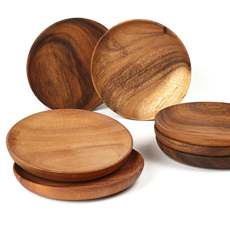 Round Wooden Plates High Quality Acacia Wood Serving Tray Cake Dishes Tableware Plate for Dessert Salad 2 Sizes Wood Utensils (8)