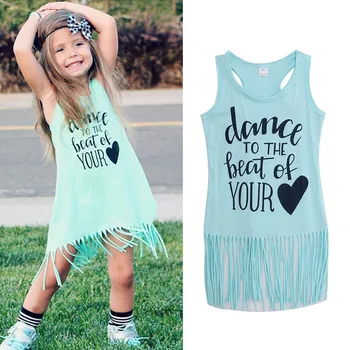 

New Hot Sale Toddler Kids Baby Girls Summer Clothes Sleeveless Tassel Mini Dresses Letter Printed Girls Dress