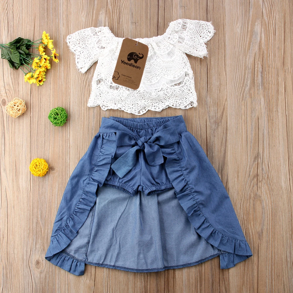 Fashion Baby Girl Summer Clothes 2018 Toddler Girls Suits Lace Tops Denim Skirts Shorts Kids Outfits 3Pcs Children Clothing Set (7)