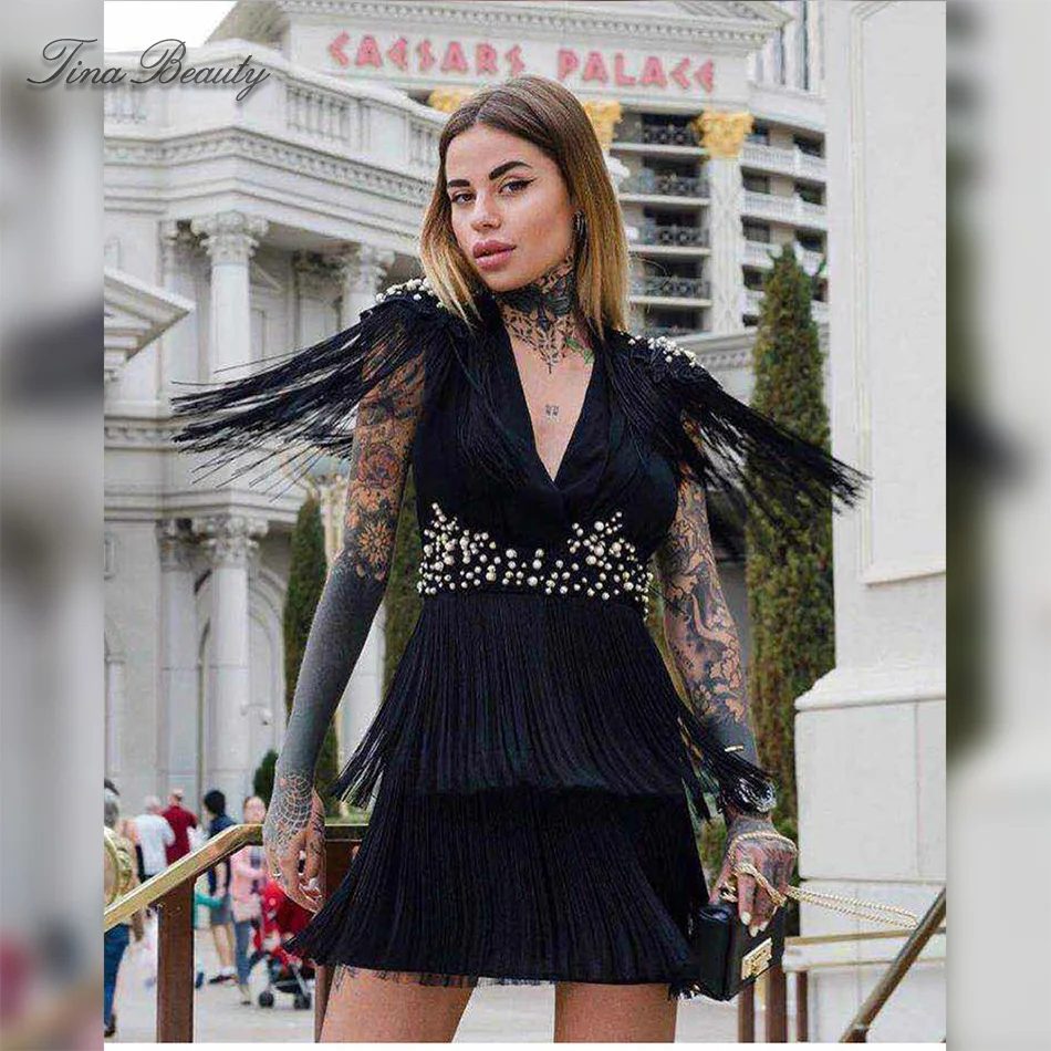 

Tina Beauty Black V Neck Cap Sleeve MiniDress Female Beaded Embellished Tassel Fashion Bandage Dress Back Keyhole Fringe Dresses