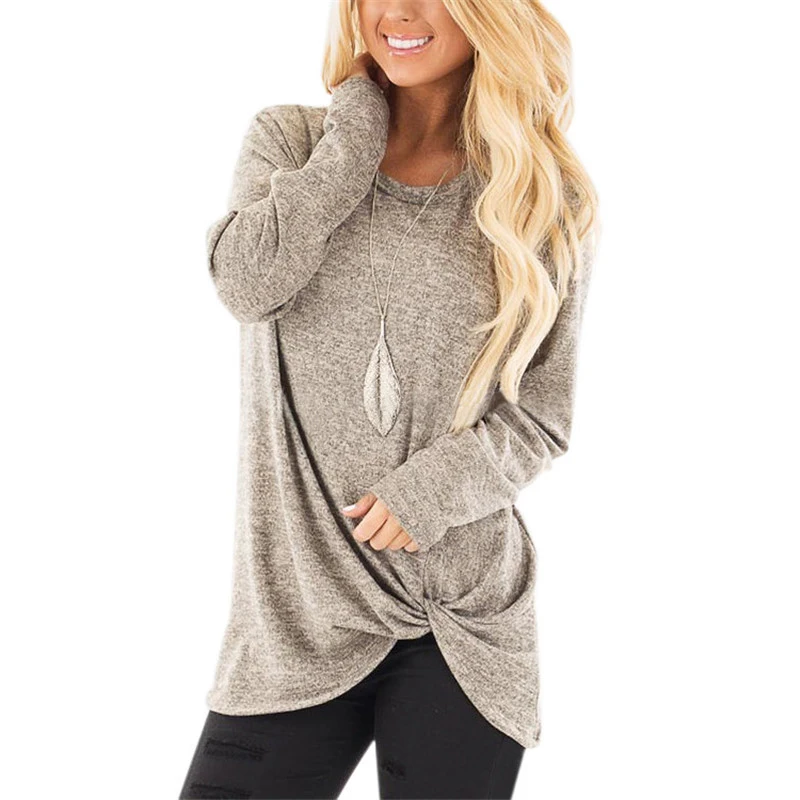 Plus Size Women's O Neck Long Sleeve Pullovers Solid Casual Tie Blouse Loose Ladies Tops 2019 Spring Summer Basic Female Shirts