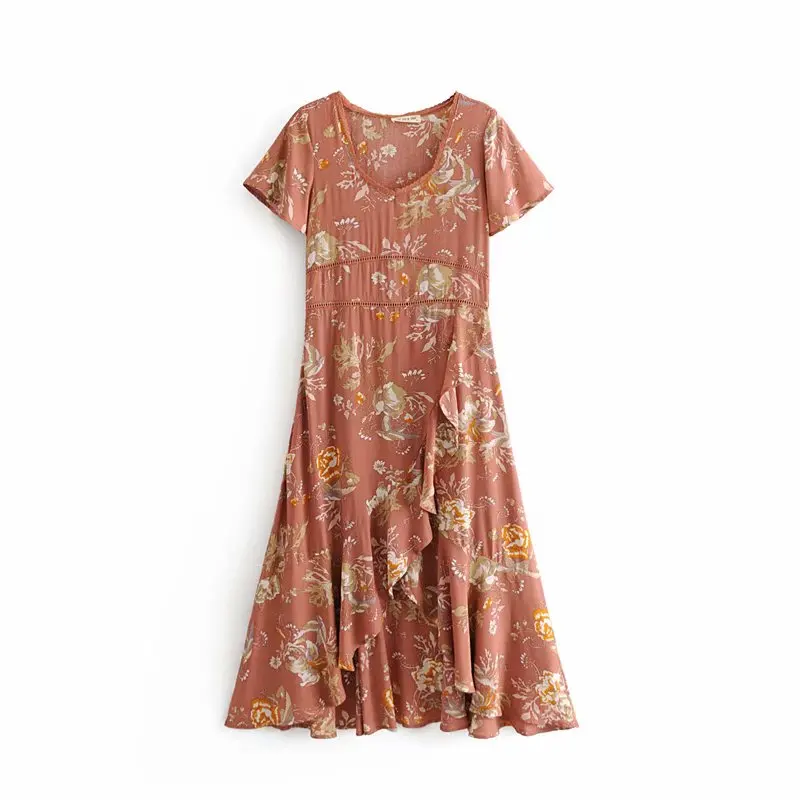 

GYPSY Boho Chic Summer Vintage Floral Print Lace Patchwork Dress Women Fashion V Neck Split Pleated Beach Dresses Vestidos Mujer