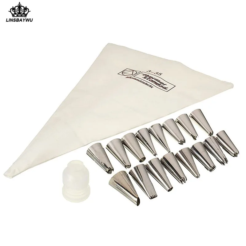 

18Pcs/Set Cotton Icing Piping Pastry Bag + 16 Stainless Steel Nozzles Set +1 Converter DIY Cake Decorating Tool Bakeware Dessert