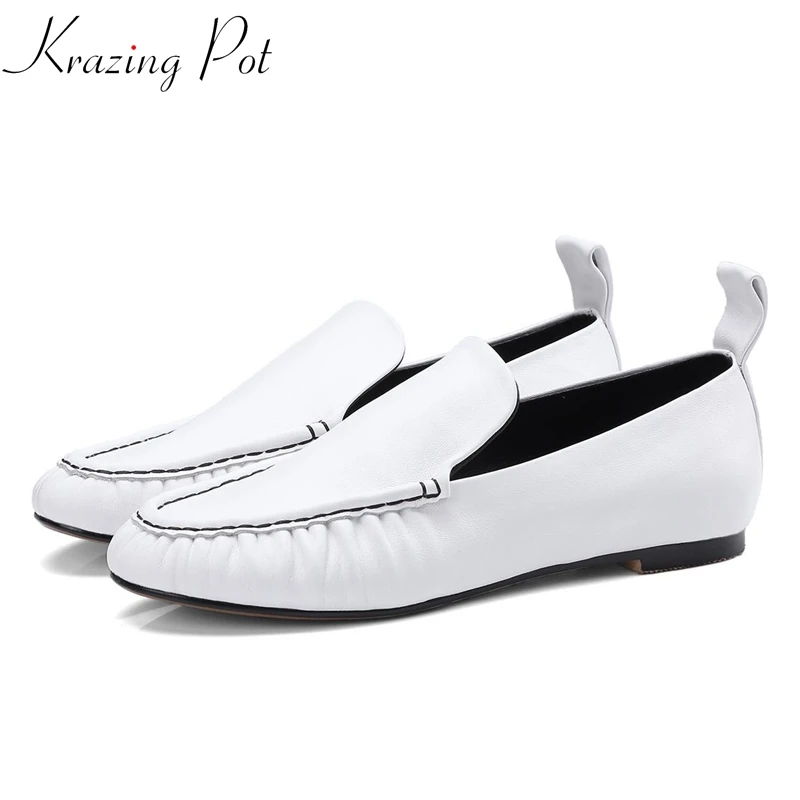 

Krazing Pot genuine leather round toe streetwear fashion design concise slip on simple soft leather European style flats Lcf5