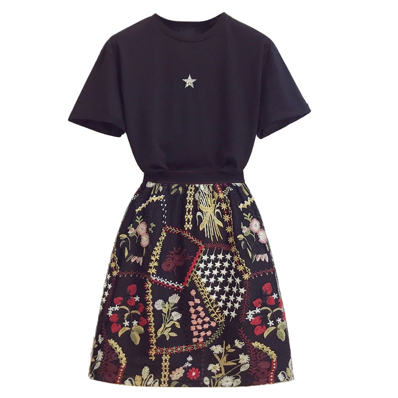 

Five-pointed Star Diamond Cotton T-shirt + High Waist Mesh Yarn Flower Embroidery Skirt Two-piece Set Women Runway Skirts Suit