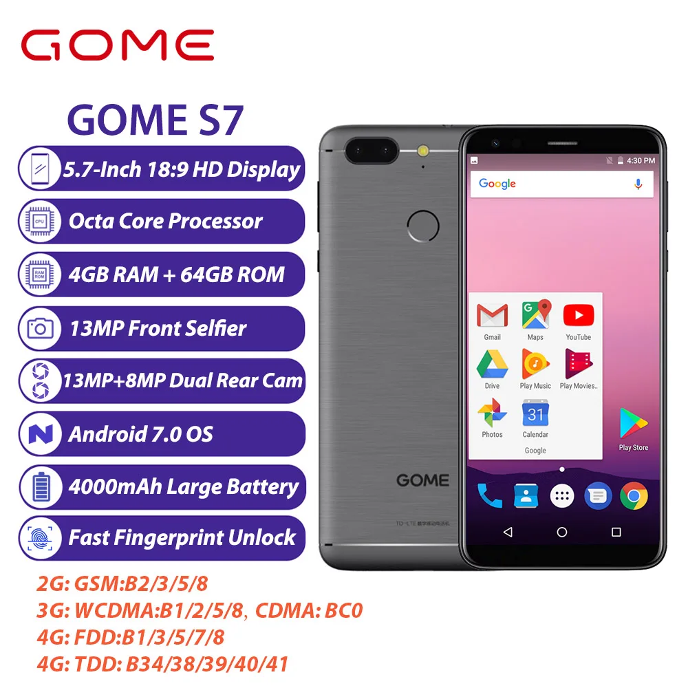 Мобильный телефон GOME S7, 4 ГБ, 64 ГБ, 5,7 дюйма, Восьмиядерный процессор MT6750T, Android 7, две sim-карты, аккумулятор 4000 мАч, смартфон с отпечатком пальца