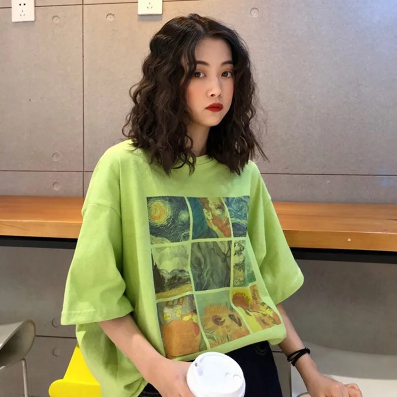 

Women's Fashion Tees & Tops Short Sleeve Korean Style Casual Harajuku T-shirt Van Gogh Painting Aesthetic T Shirt Streetwear