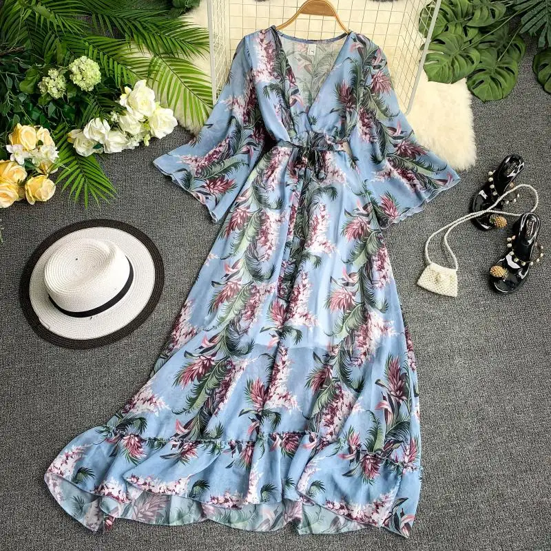 

New 2019 Women Summer Boho Style Bandage Dresses Sexy V-neck Vintage Floral Printed Long Robe Female Casual Wear Dress Femme