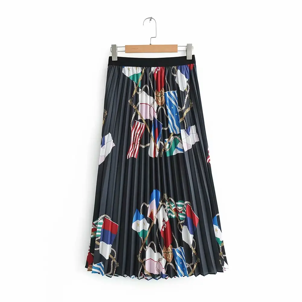 

New Women Vintage chain print elastic waist pleated skirt faldas mujer female color matching floral chic brand midi skirt QUN261