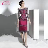 Knee Length Mother Of The Bride Dresses Custom Made Fuchsia Dress With Gray Lace Formal Wear Evening Dress Gown