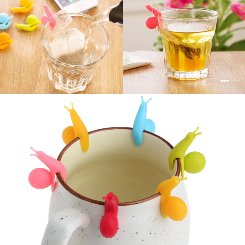 

6Pcs Cute Snail Shape Silicone Bag Tea Hanging Label Cup Glass Clip Holder Filter Tool Filters Colorful Mini Tea Tools