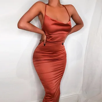 

Meyoung Straps Satin Midi Dress Women Summer Dress Long Dresses Sexy Night Elegant Vestidos Robe Femme Club Brown Pencil Bodycon