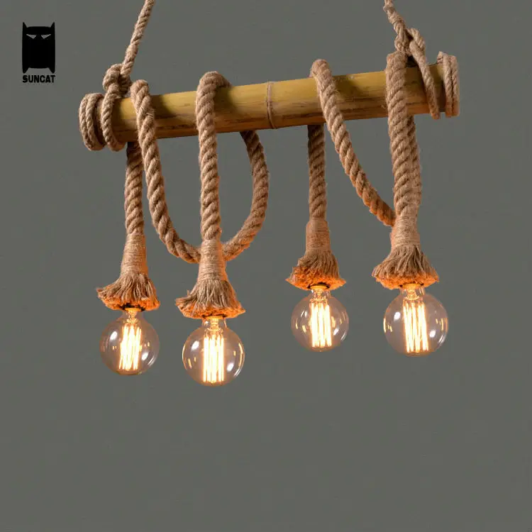 Rustic Style Hanging Hemp Rope Ceiling Pendant Light bamboo Hanging Lamp 4 Heads 