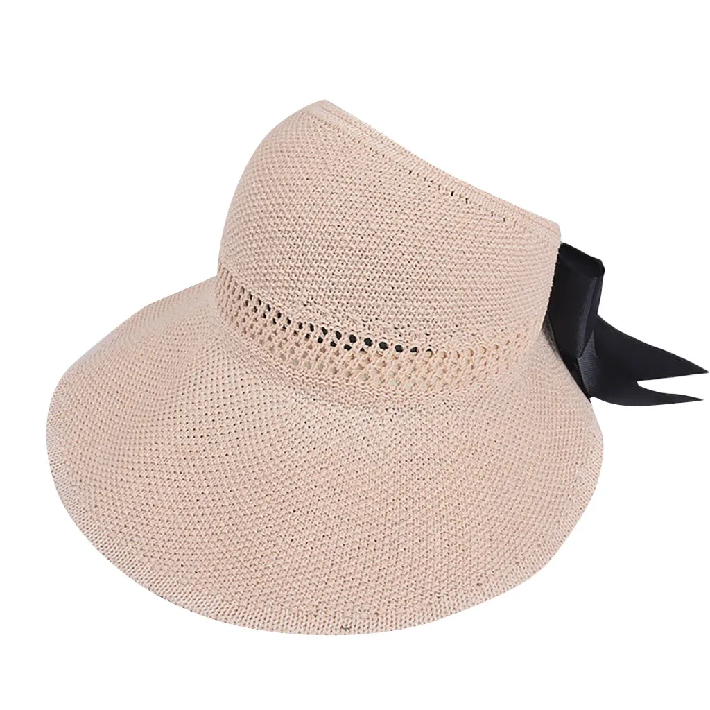 

Solid Color Summer Straw Hat Empty Top Ribbon Holiday Travel Foldable Visor Vacation Hat Caps Foldable Travel Beach #BL5