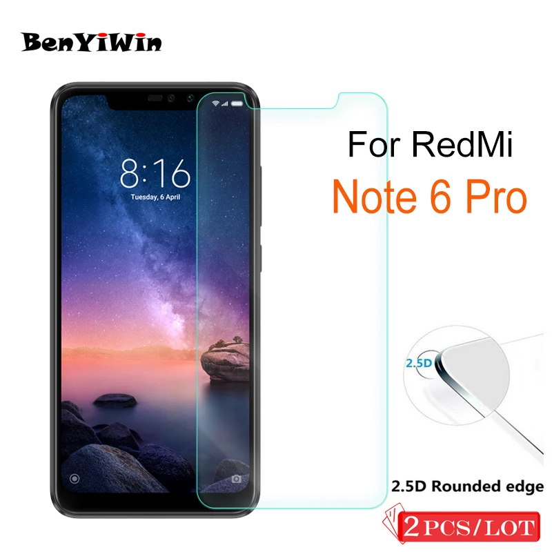 2PCS 9H Tempered Glass Scratch Proof Protective Glass For XIAOMI Redmi Note 6 Pro Toughened Screen