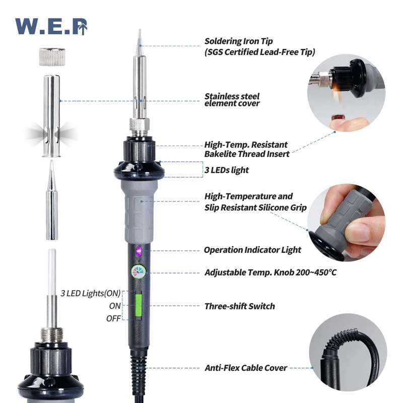WEP 947-V Kit 60W Soldering Iron Temperature Adjustable LED Light Portable Min Electric Soldering Iron Desoldering Tool
