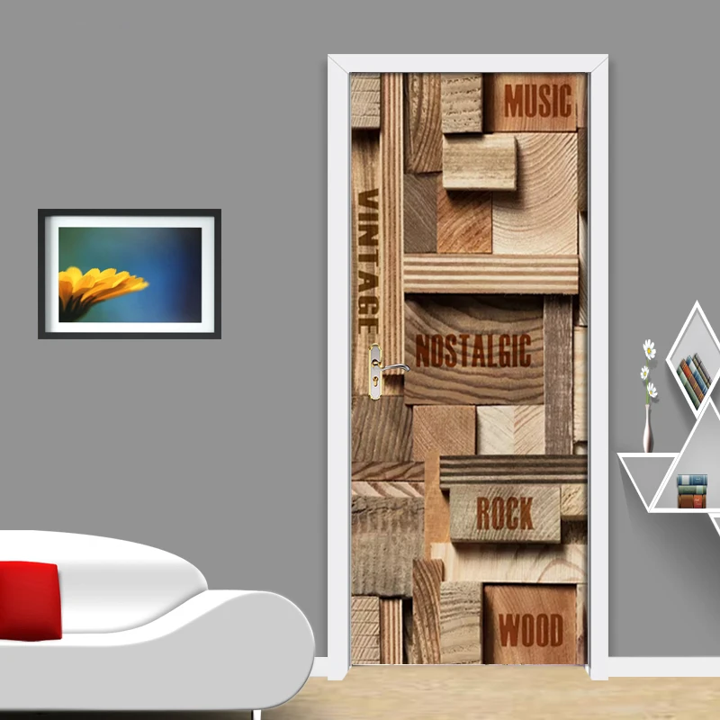 

3D Door Sticker Wood Grain English Alphabet Wall Mural Art Wallpaper Door Stickers PVC Self Adhesive Removable Home Door Decals