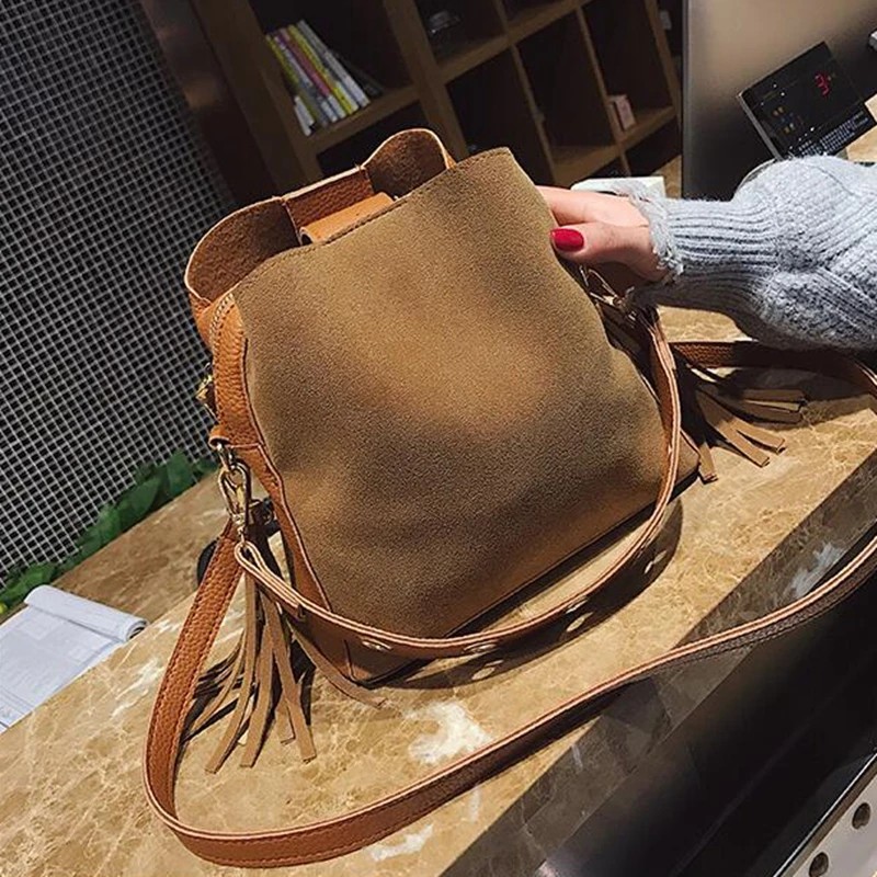  2019 Fashion Scrub Women Bucket Bag Vintage Tassel Messenger Bag High Quality Retro Shoulder Bag Si