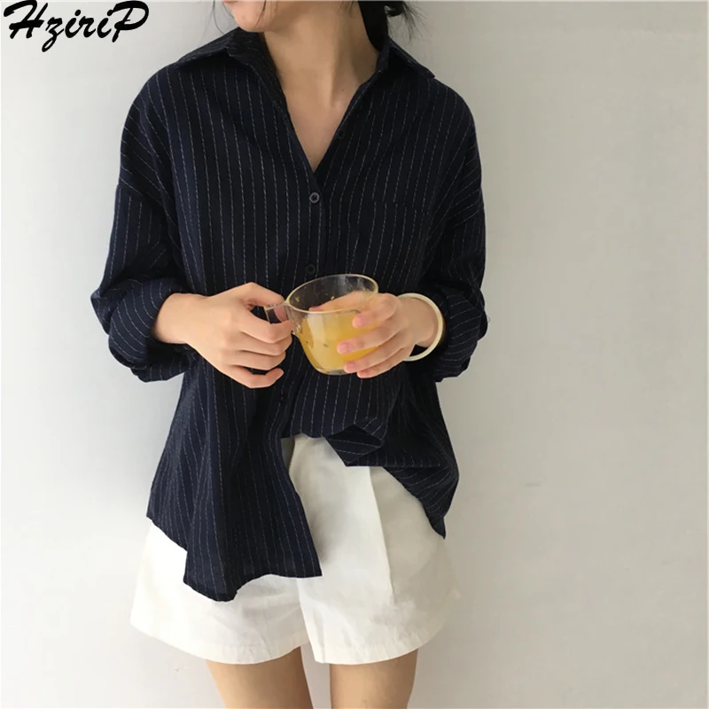 

HziriP 2019 Spring Fashion Elegant Striped Women Blouses Loose Slim Pocket Casual Preppy Style Simple Sweet Women Tops Shirts