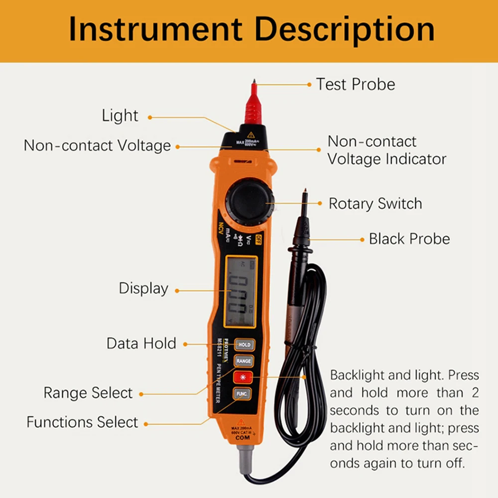 Peakmeter PM8211 NCV Цифровой мультиметр 2000 отсчетов Ручка Тип ЖК-дисплей DC/AC Напряжение Ток Сопротивление тестер амперметр мультитестер