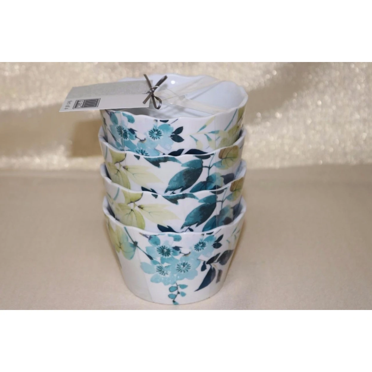 222 Fifth TAKARA Floral Leaves Appetizer Round Bowls - Blue/Green -S/4 (4)