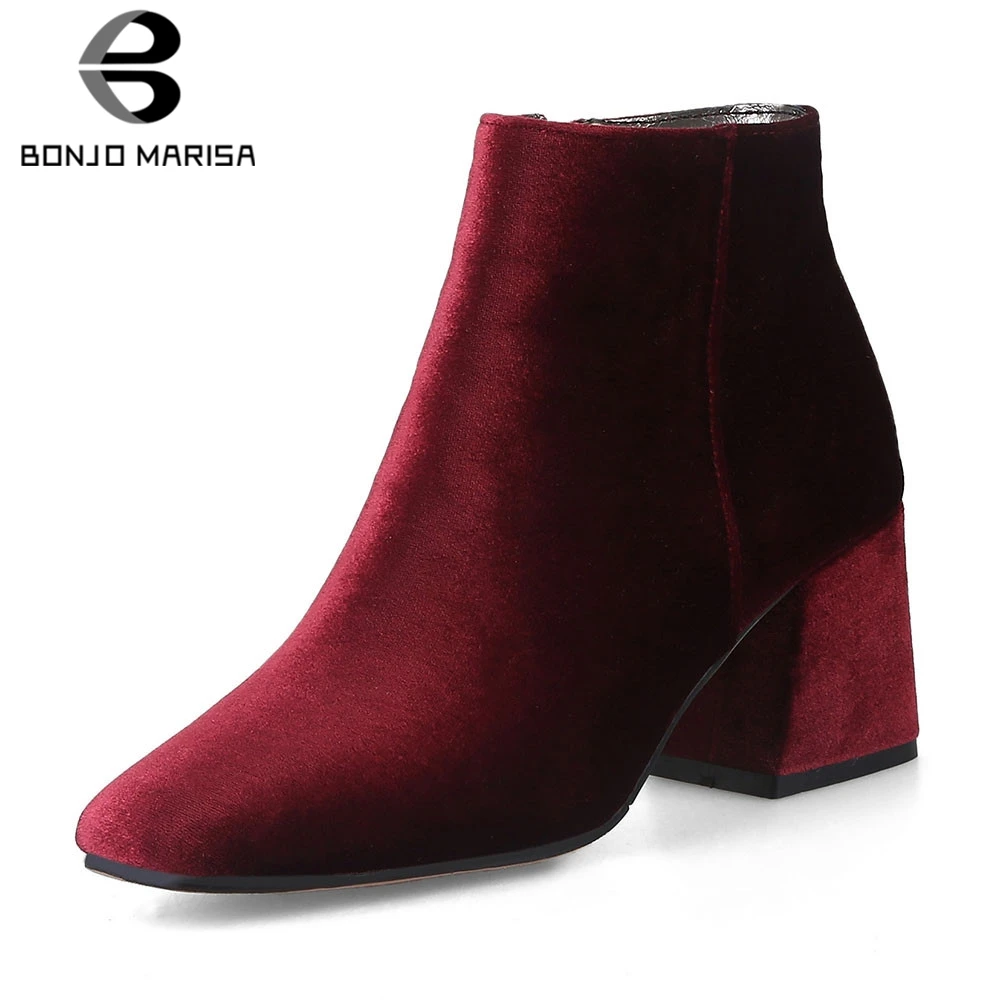

BONJOMARISA Brand New Plus Size 32-48 Flock Ladies High Heels Zip Shoes Woman Casual Party Office Winter Ankle Boots 2019