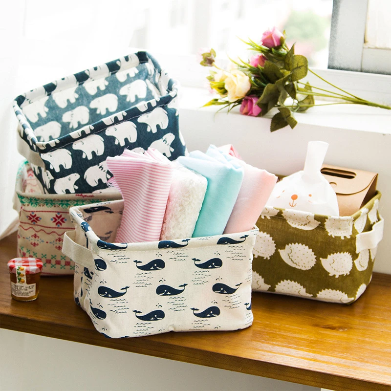 

Storage Basket DIY Office Desktop Organize Folding Linen Toy Storage Box Pastoral Floral Animal Jewelry Makeup Organizer