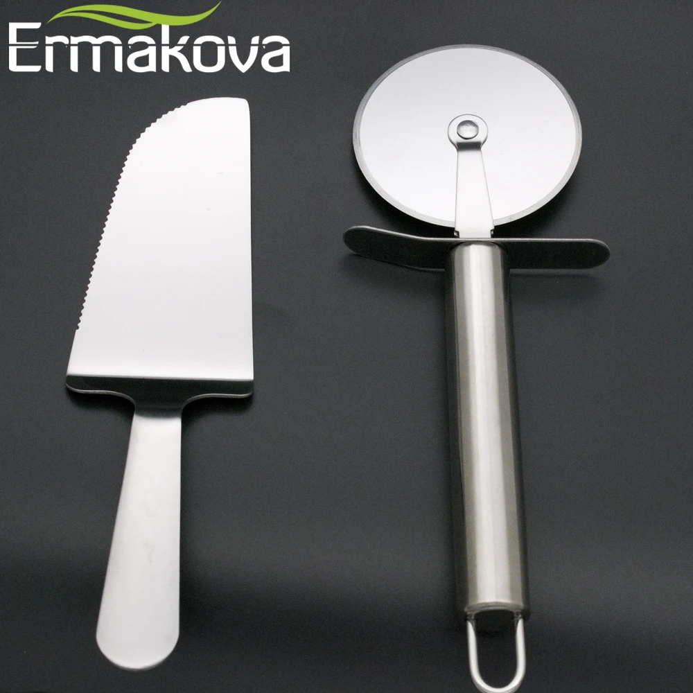 ERMAKOVA 2 Pcs/Set Pizza Cutter Pie Server Pizza Server Knife Sharp Pizza Wheel Slicer Stainless Steel Kitchen Pizza Tool Set