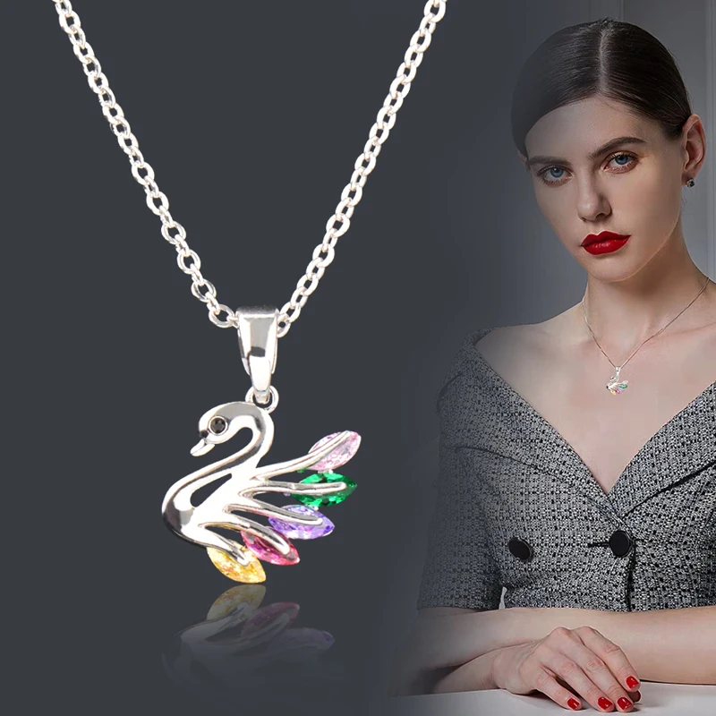 

SINLEERY Lovely Cute Cubic Zirconia Swan Pendant Necklace Rose Gold Silver Chain Women Custom Jewelry XL245 SSO