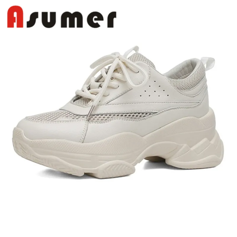 

ASUMER New complex Genuine Leather women sneakers casual shoes lace up female comfortable platform shoes hight add ladies flats