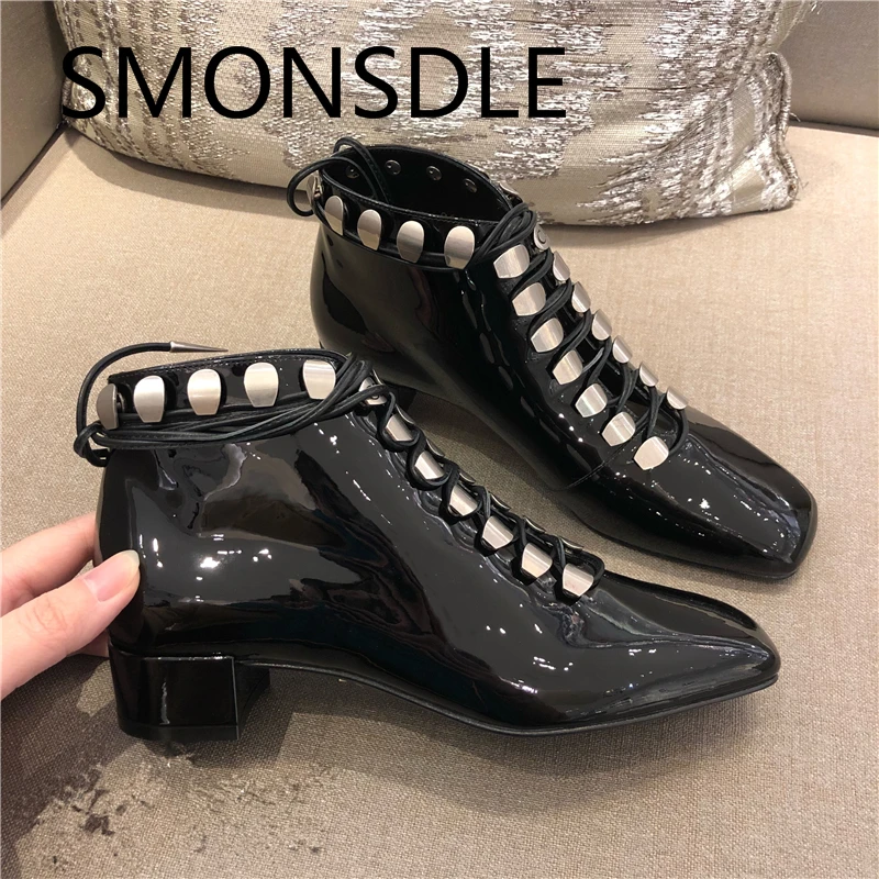 

2018 New Fashion Ankle Boots Women Shoes Lace Up Chunky Heels Square Toe Genuine Leather Martin Boots Black Casual Shoes Woman