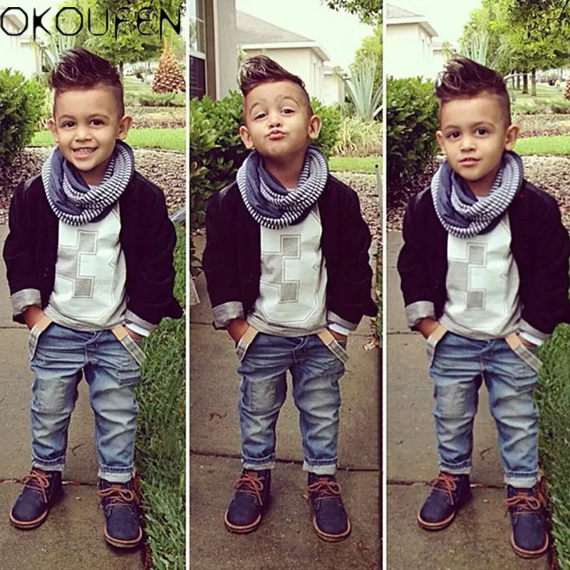 

3pcs Baby Boys Kids suit coat/T-shirt/Denim Pants Clothes Outfits Set Gentleman