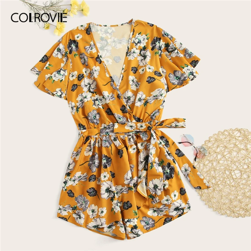 

COLROVIE Plus Size Ginger Floral Print Surplice Front Boho Jumpsuit Rompers With Belt Women 2019 Summer Beach Wear Sexy Playsuit