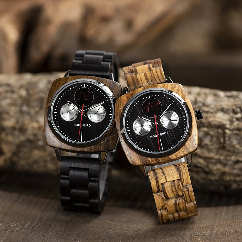 Bobo Bird Custom Wood Watch Classic Square Dial Luxury Men Quartz Wristwatches in Wooden Box dropshipping